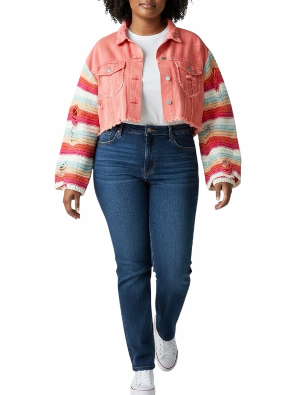 NWOT POL Cropped Distressed Crochet Sleeve Denim Jacket Size Small